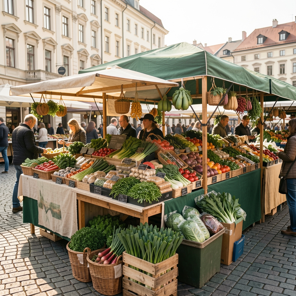 Budapesti termelői piac növényi alapanyagokat kínáló rendezett standja reggeli fényben